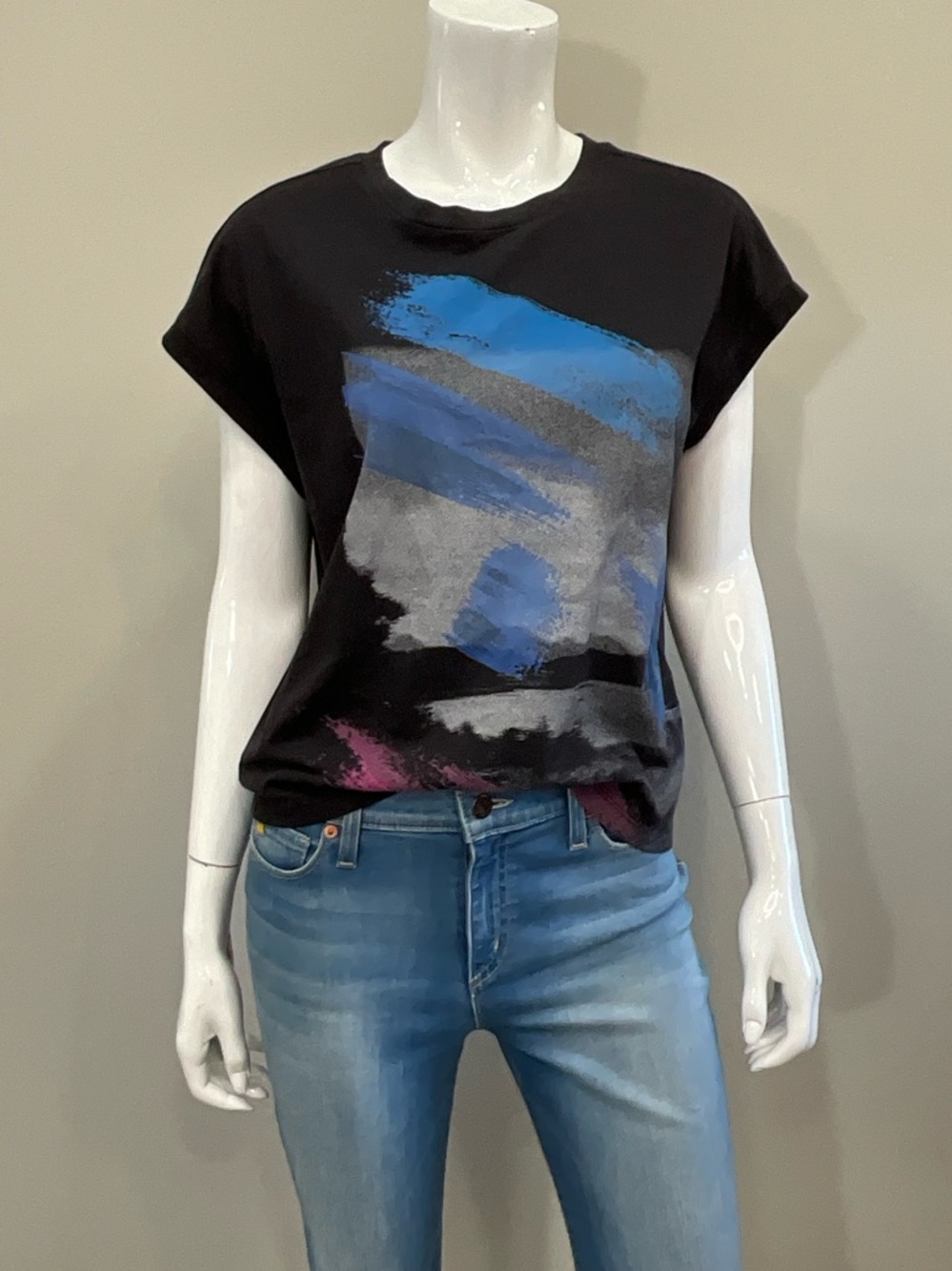 Anthropologie Abstract Brushstroke Muscle Tee Black Blue Pink Graphic Top Size S